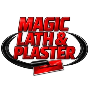 A logo for "MAGIC LATH & PLASTER" in bold red metallic capitals with white outlines, stacked vertically and ringed by two black elliptical swooshes, with a red trowel below.