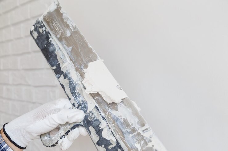 A close-up of a gloved hand holding a plastering trowel coated in white plaster, applying it to a smooth light gray wall, with a white brick wall blurred in the background.