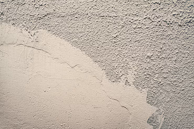 A wall split diagonally between rough stucco texture and smooth fresh plaster, showing trowel marks and fine hairline cracks.