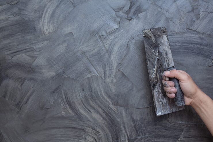 Hand holding a trowel against a freshly plastered gray wall with visible textured trowel swirls.
