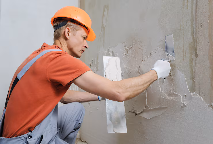 Plasterer in orange hard hat and overalls smoothing wet plaster onto a gray wall with two trowels during a renovation.